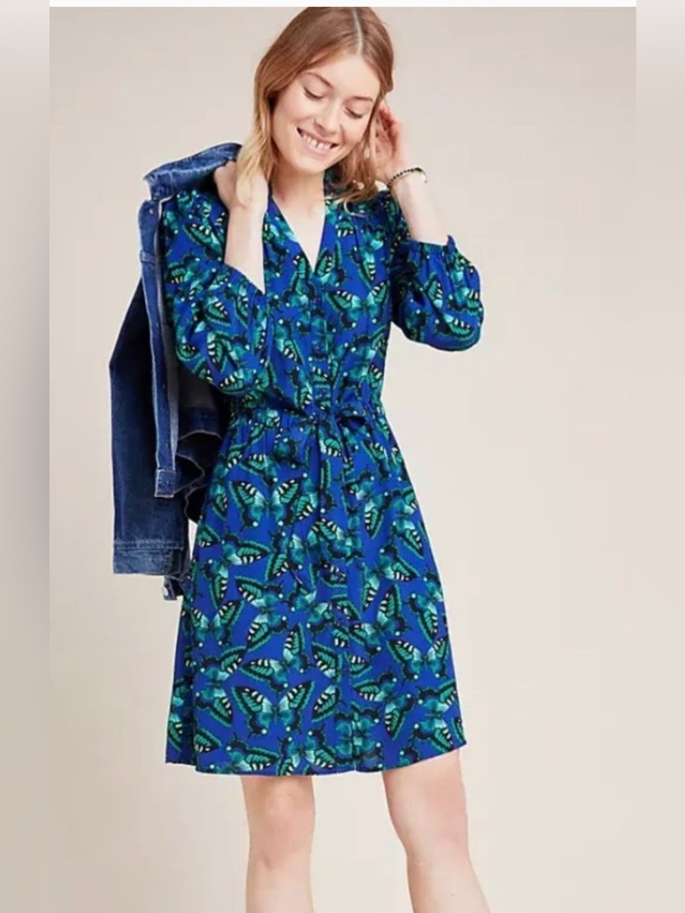 Anthropologie Maeve Pippa Blue Butterfly Dress, Size XL, EUC
